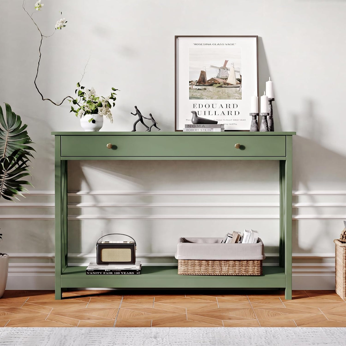 Treocho 40" Farmhouse Console Table with Drawer and Storage Shelves | Entryway, Living Room, Hallway, Antique, Green
