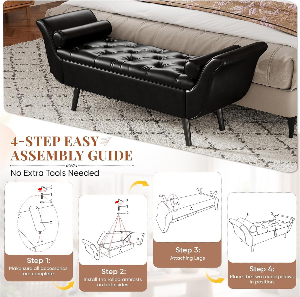 Faux Leather Storage Bench for Bedroom End of Bed, 65-Inch Rolled Arm Upholstered Bench with Hidden Storage, Black End of Bed Bench with Sturdy Wood Frame, Space-Saving Entryway Ottoman Seat (Black)
