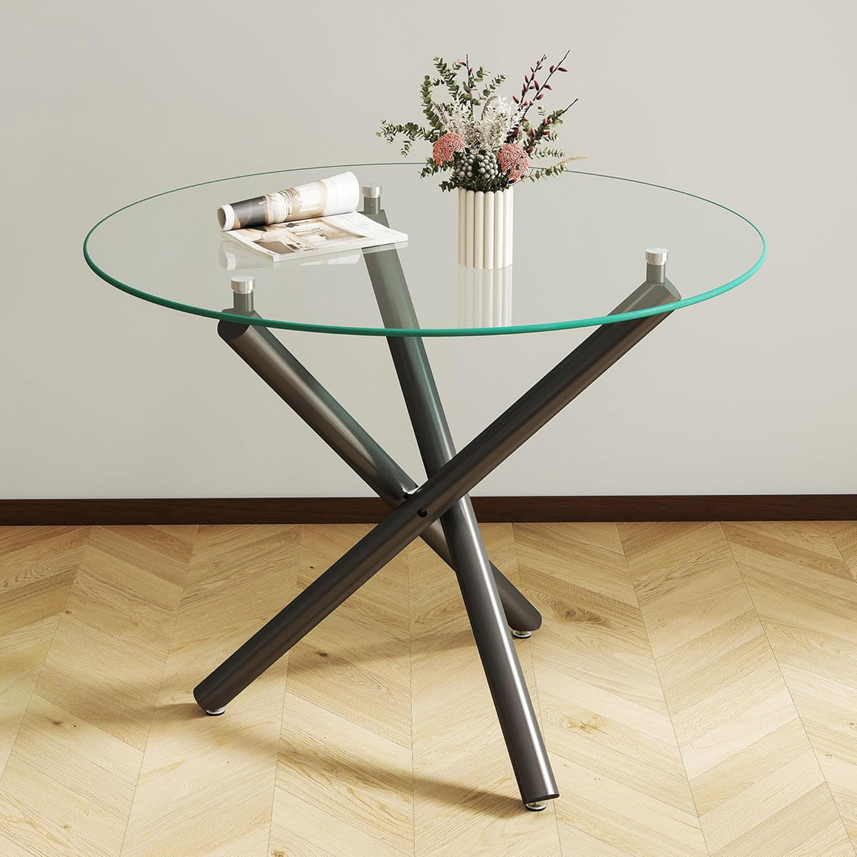 Modern Dining Room Table for 4 People, 36" Round Dining Table with Black Chrome Metal X-Base, Circle Tempered Glass Dining Room Tables, Small Dining Table Kitchen Tables Dinner Tables