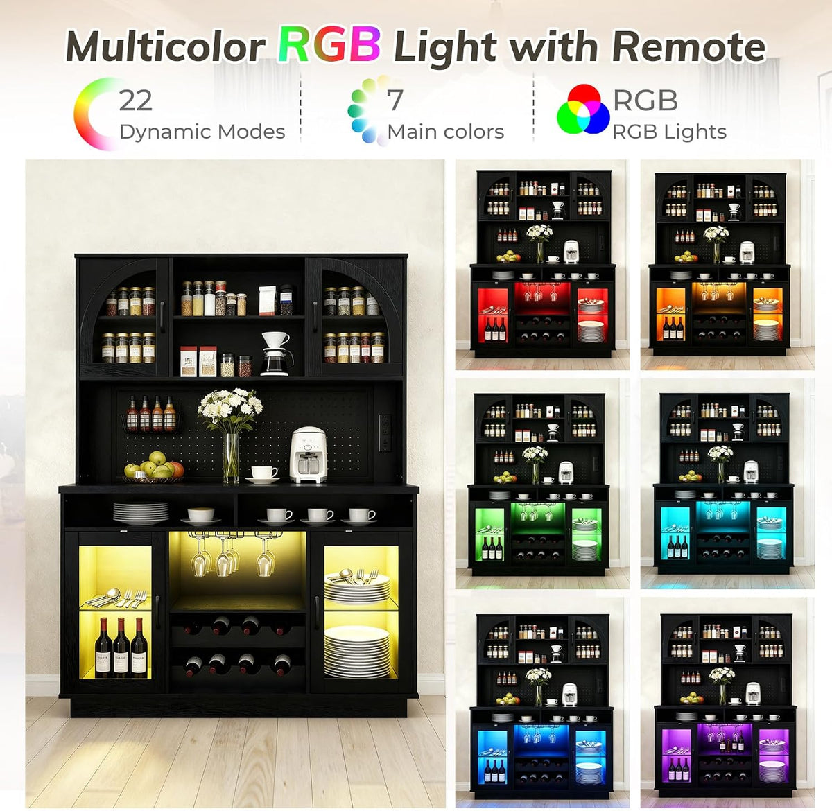 70.9" Tall Kitchen Pantry Cabinet with Outlet & LED Lights, 54.3" Wide Kitchen Storage Cabinet with Wine Rack, Farmhouse Coffee Bar Station with Pegboard, Buffet Sideboard (Black)