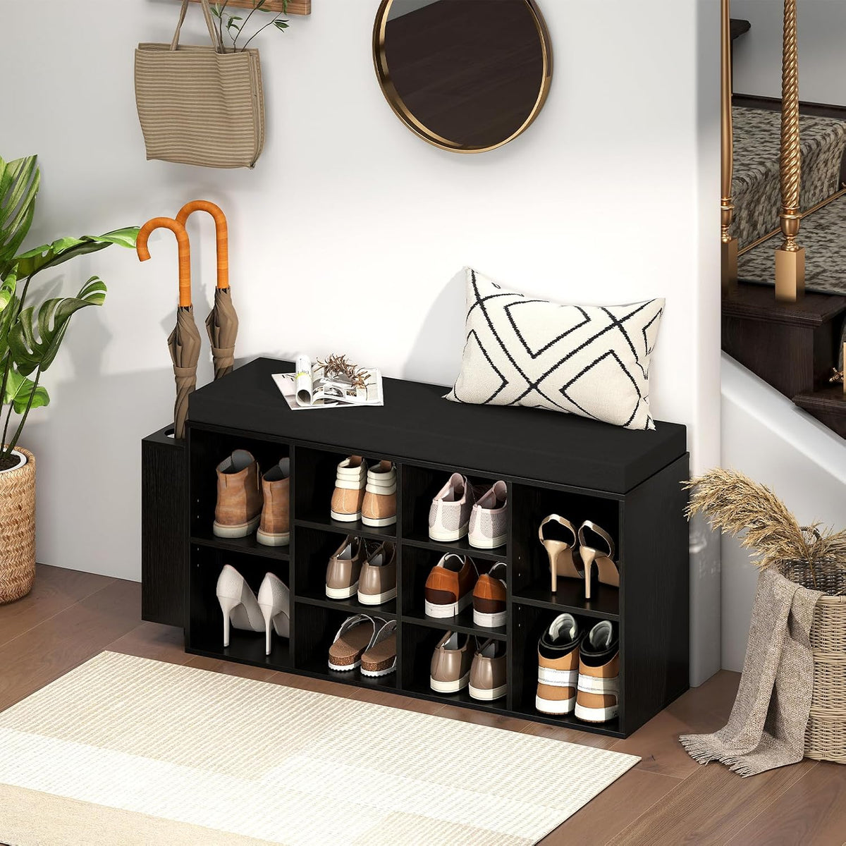 Giantex Shoe Storage Bench with Umbrella Stand, 10-Cubby Entryway Shoe Rack Organizer with Padded Seat, Adjustable & Removable Shelves for Hallway, Living Room & Bedroom (Black)