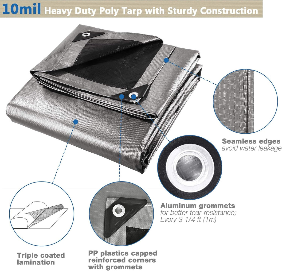 Yescom 10x15ft Heavy Duty Reinforced Poly Tarp 10-mil Waterproof Tarpaulin Ground Sheet Camping Tent Cover with Eyelets Reversible Silver Black Tarps