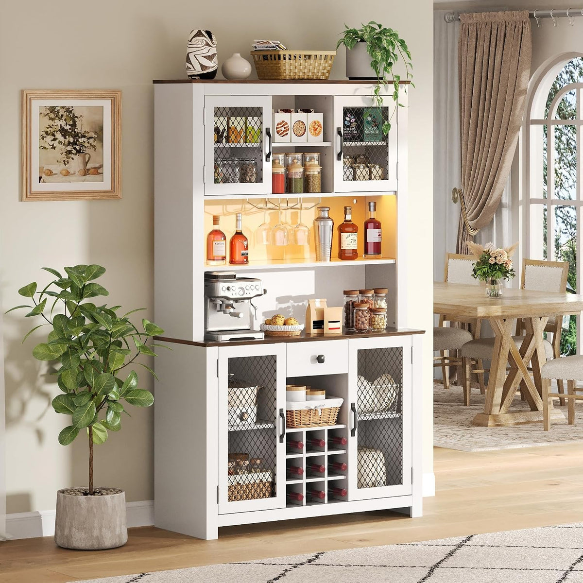 JIJIWANG 70.9" Kitchen Pantry Storage Rustic Buffet Cabinet,Kitchen Hutch Cabinet with LED Outlets Food Pantry Cabinets with Doors and Shelves Wine Rack for Dining Room,for Dining Room,White