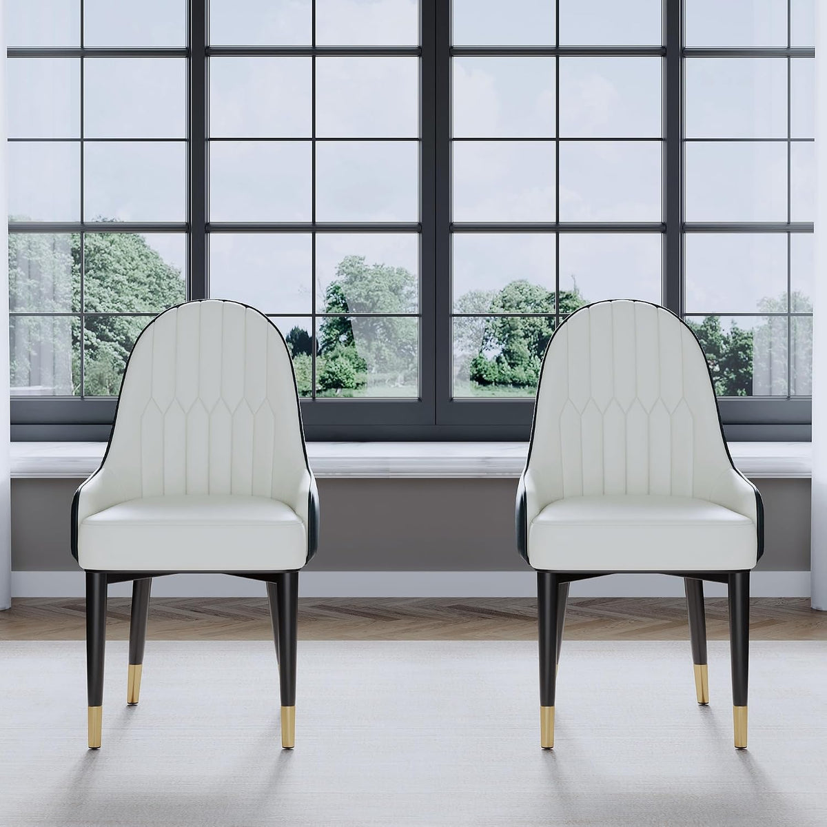 AF ARTISAN FURNITURE Black White Dining Chairs Set of 2 with High Backs Mid Century Modern Kitchen Dining Room Chairs PU Faux Leather Upholstered Large Padded Accent Chair with Legs
