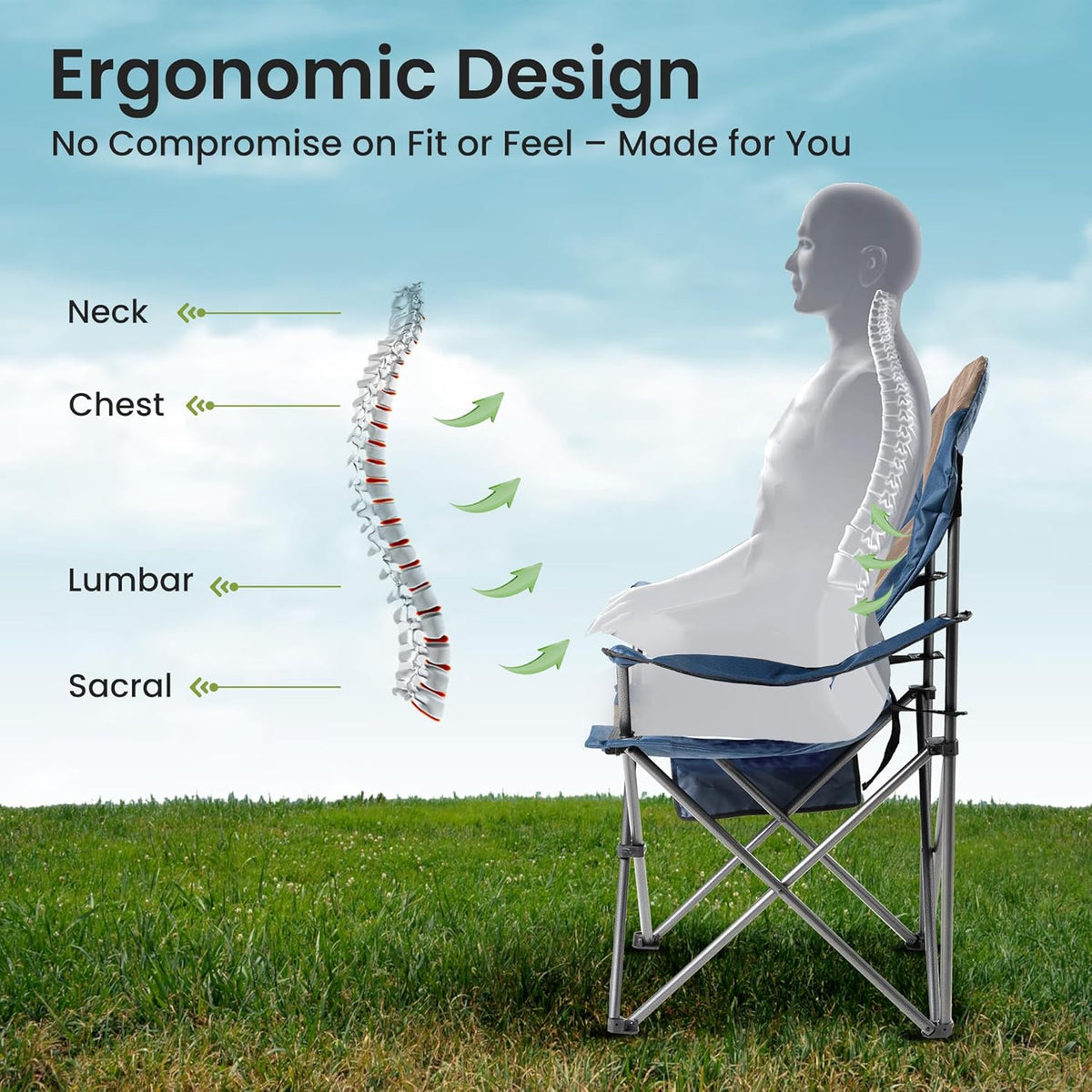 2 Pack Folding Camping Chairs for Adults - High Back Padded Outdoor Lawn Chairs with Lumbar Support & Cup Holder, 400lbs Heavy Duty Portable Camping Chairs Set (Blue & Brown, 2 PCS)