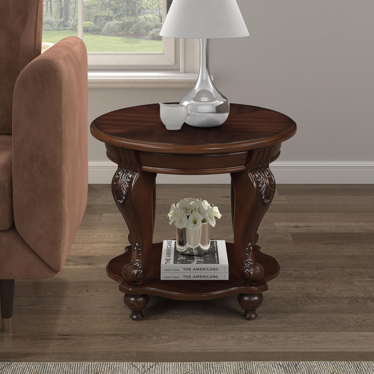 JIJIWANG Wood Round Sofa Table with Antique Carved Legs Oval End Table with Buttom Shelf for Small Space, Cherry