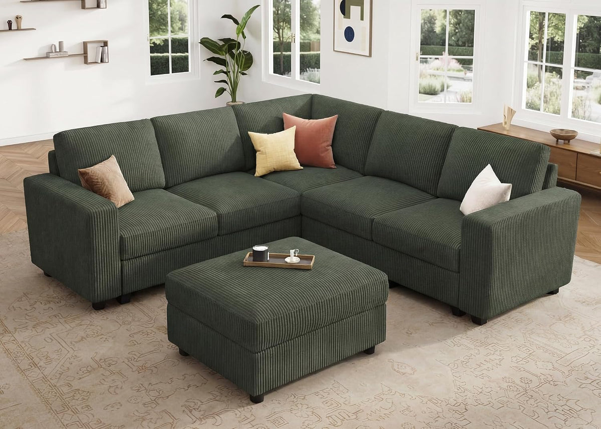 HONBAY Corduroy Sectional Sofa with Storage Ottoman, 6 Seaters L Shaped Small Sectional Couch for Living Room, Green