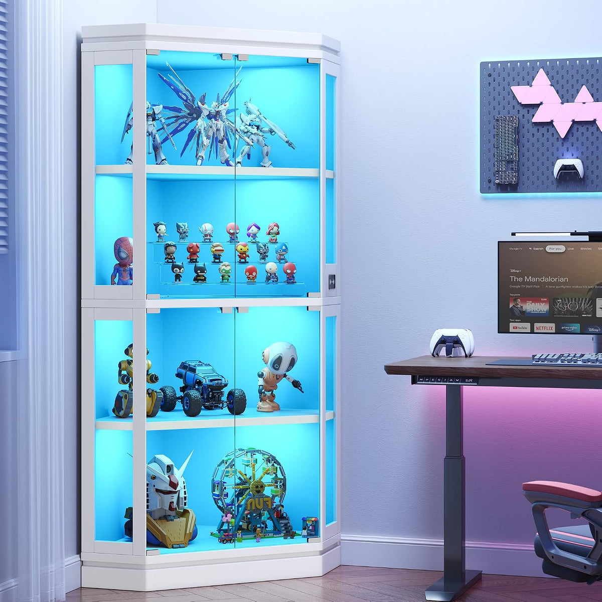 Jocoevol Corner Display Cabinet with Glass Doors, 4-Tier Display Cases for Collectibles with RGB Lights, 67'' Tall Corner Curio Cabinet with Human Body Sensor for Living/Game Room, White