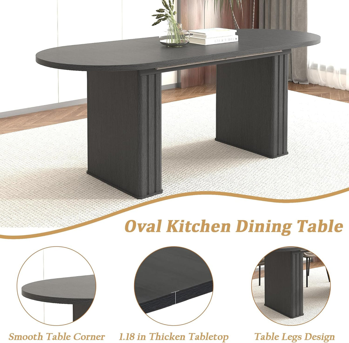 Extendable Dining Table Set of 4, Black Oval Dining Room Table & 4 Black Velvet Dining Chairs with Wood Leg, 62.99"-78.74" Kitchen Table and Chairs Set, Modern 5 Piece Dining Set