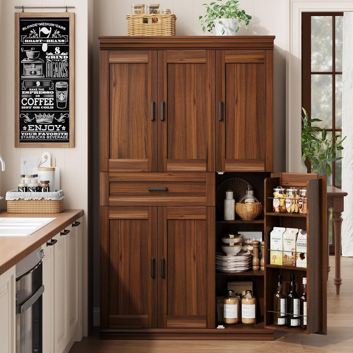 Garvee 70" Tall Kitchen Pantry Storage Cabinet, Modern Kitchen Hutch Cabinet with Doors and Shelves, Freestanding Food Pantry with Large Storage Drawer for Dining Room and Household Organization