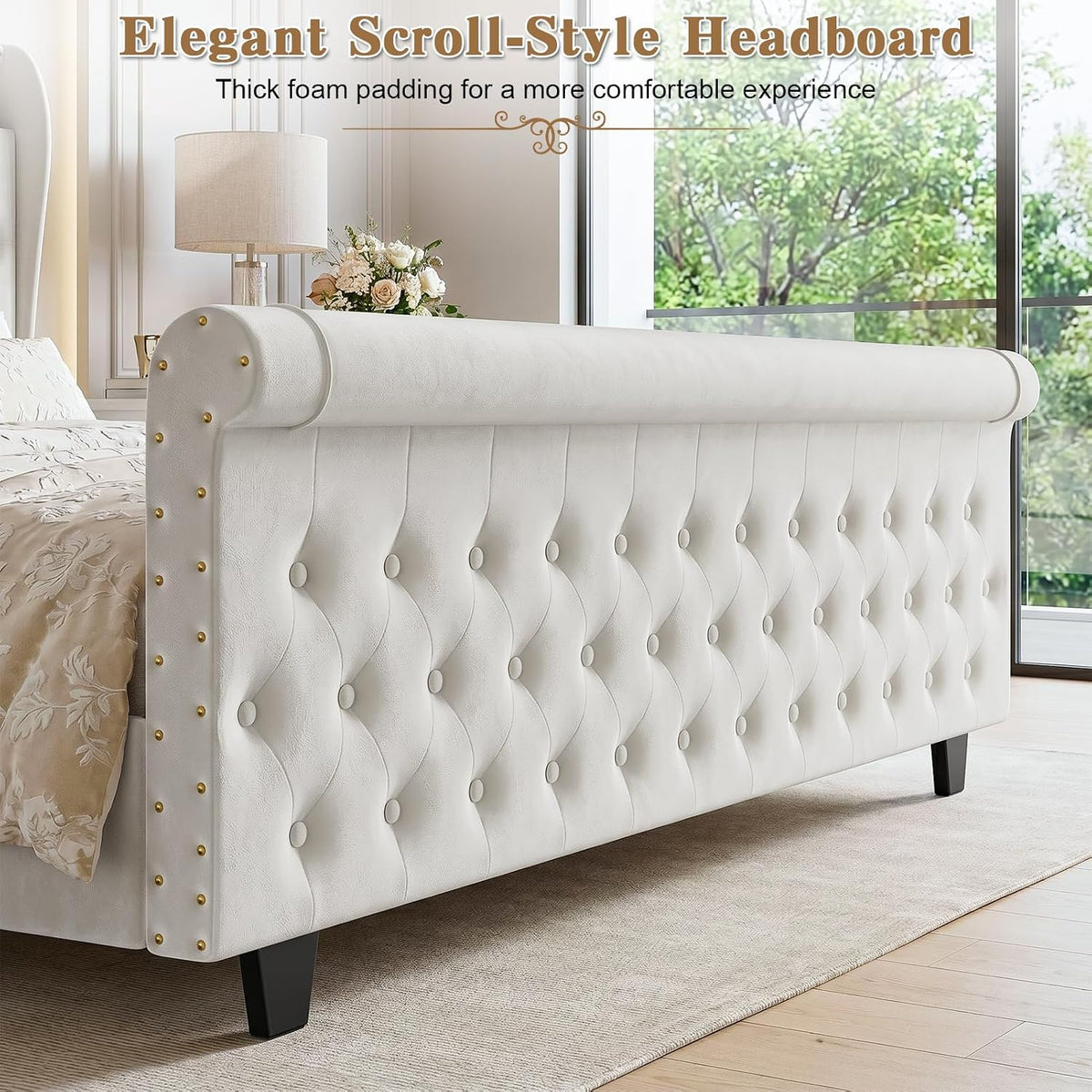 King Size Bed Frame with 51.2" Tall Lighted Storage Headboard and Charging Station, Velvet Upholstered Tufted Wingback Platform Bed with Footboard, No Box Spring Needed, Noise-Free