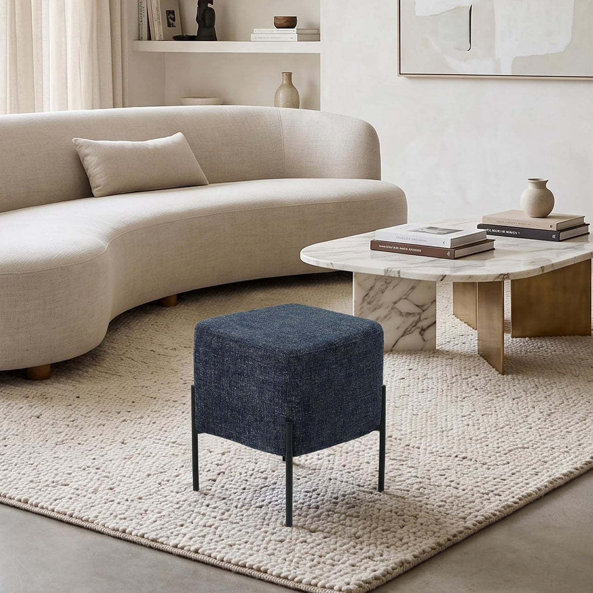 Get Set Style Square Foot Stool, Modern Linen Vanity Stool Chair Upholstered Foot Rest Sofa Side Foot Stool Ottoman Seat for Living Room, Bedroom, Entry, Hallway, Office