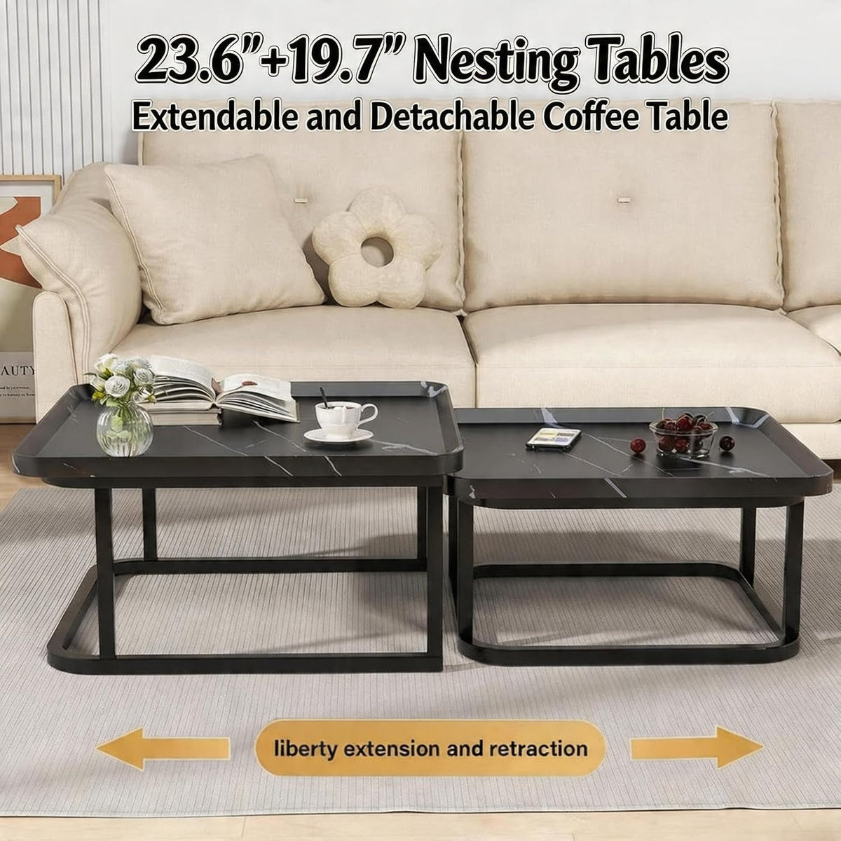 Set of2 Nesting Coffee Tables, Space‑Saving Side Table Set,Black | Stackable Design, Mid‑Century Modern Style, Multi‑Scene Usage, Ideal For Living Room, Bedroom And Balcony Decor