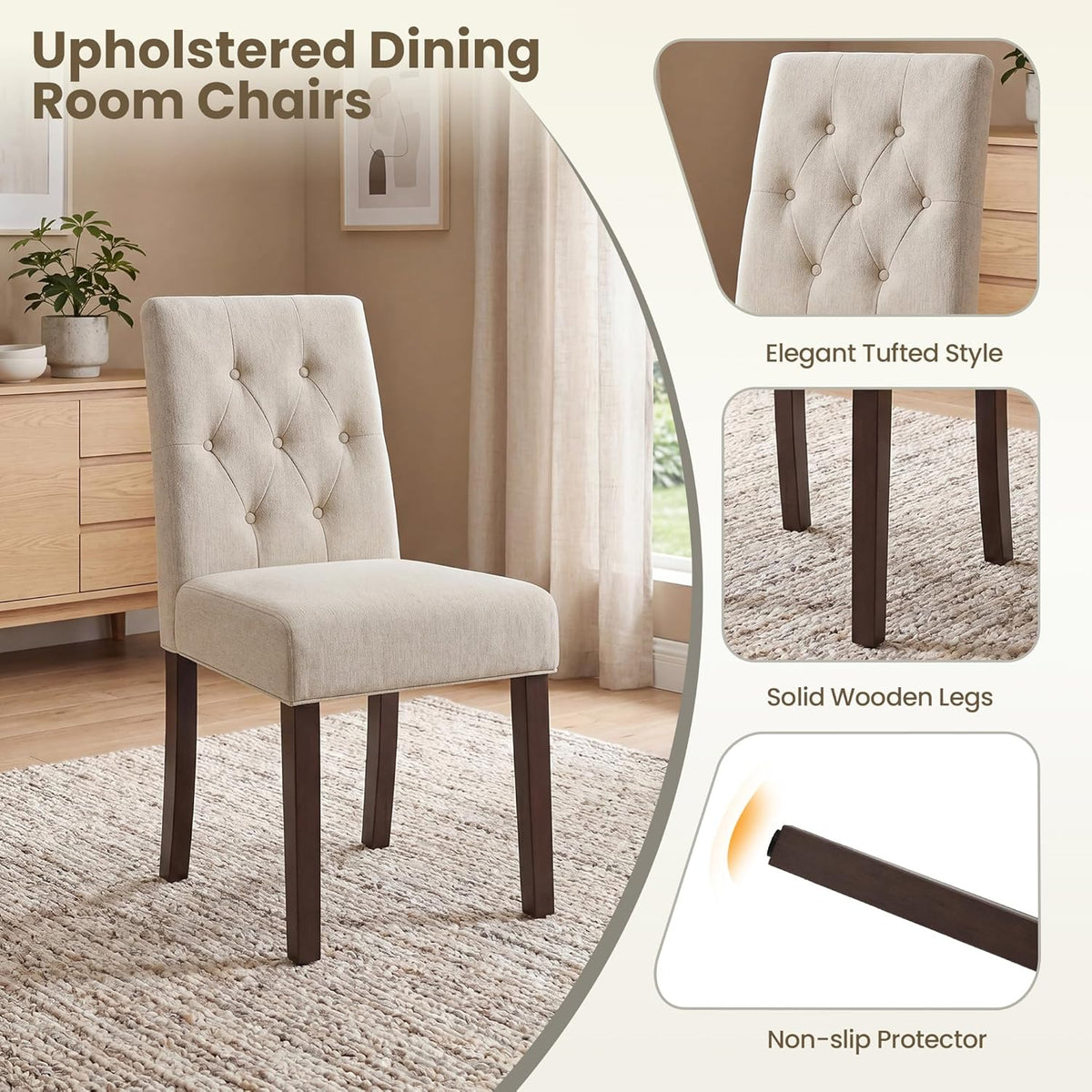 Upholstered Dining Chairs Set of 6 - Modern Parsons Kitchen & Dining Room Chair with Diamond Tufted Back, Solid Wooden Legs for Apartment, Café, Vanity