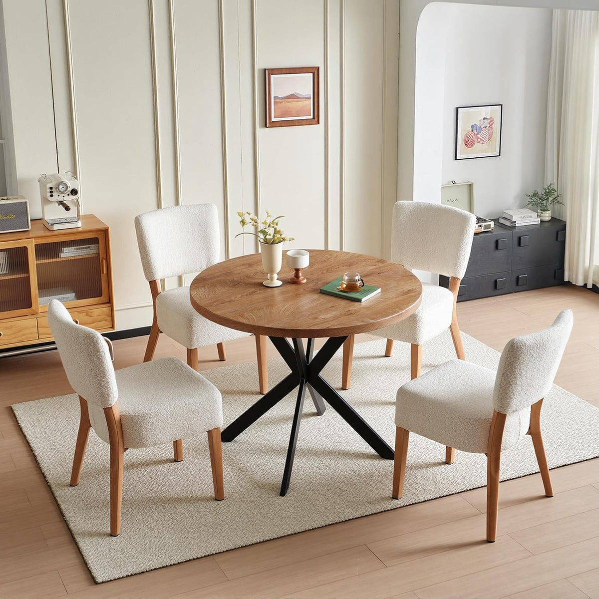 Howtek 5-Piece Kitchen Table Set, 37-Inch Faxu Wood Round Dining Table, White Upholstered Kitchen Side Chairs with Backrest & Metal Legs for Breakfast Nook, Dining Room, Office, Kitchen