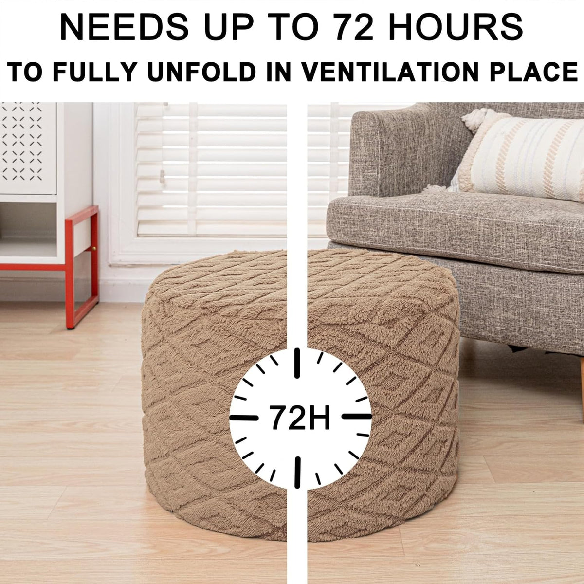 Fluffy Round Ottoman Pouf with All-in-One Foam Filling 20" x 14" Furry Ottoman Foot Rest Foot Stool for Living Room or Bedroom (Light Coffee)