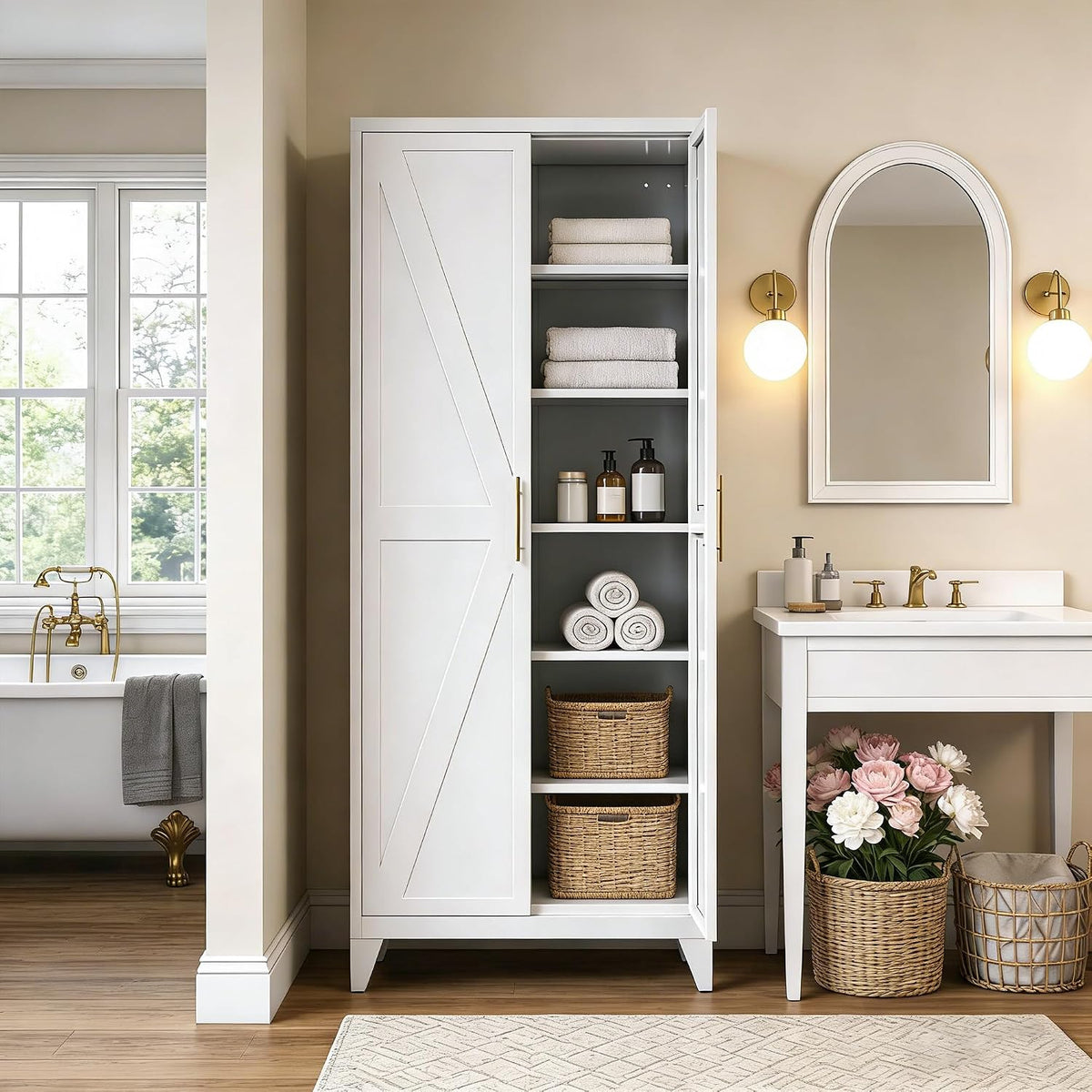 Metal Pantry Cabinet, 75.3-Inch Tall, 5 Adjustable Shelves, White | 75.3"H x 31.5"W x 15.75"D steel cabinet with 5 adjustable shelves, embossed doors, adjustable feet, and required assembly.