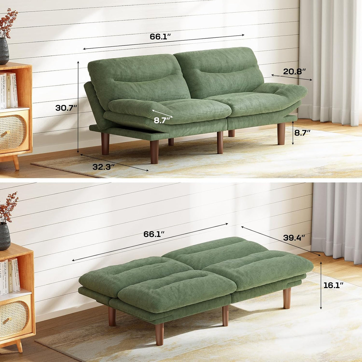 Marsail 66.1" Futon Sofa Bed, Corduroy Convertible Futon Couch with Adjustable Backrest & Armrests, Small Sleeper Sofa Loveseat for Small Apartments, Study Room, Office, Green