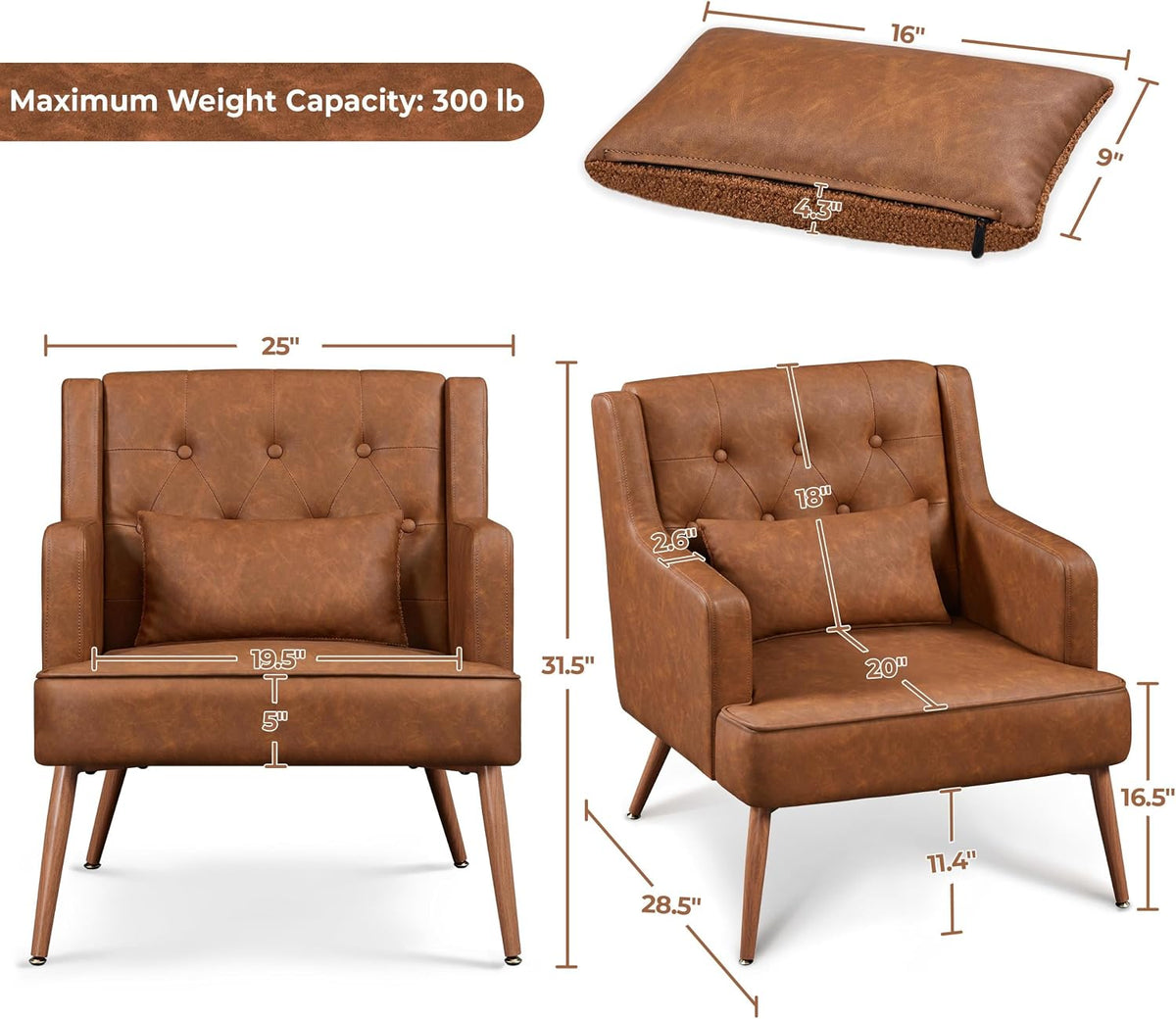 Yaheetech Accent Chair, Mid-Century Modern Armchair, Retro Brown | Faux Leather Chair with Lumbar Pillow, Comfy Upholstered Reading Chair for Living Room, Bedroom and Small Spaces