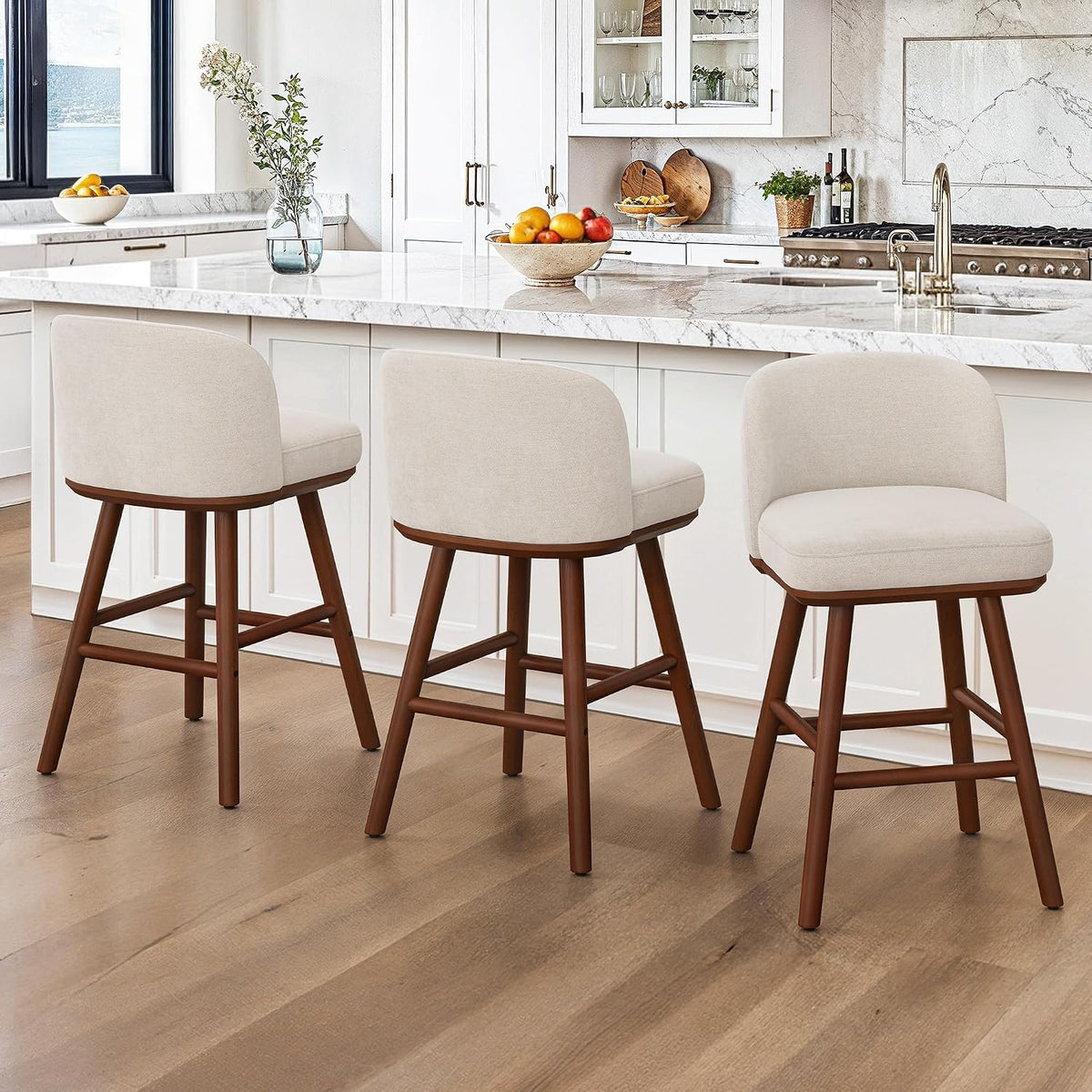 LUE BONA Bar Stools Set of 3, 27.6" Wooden Legs, Fabric in Beige