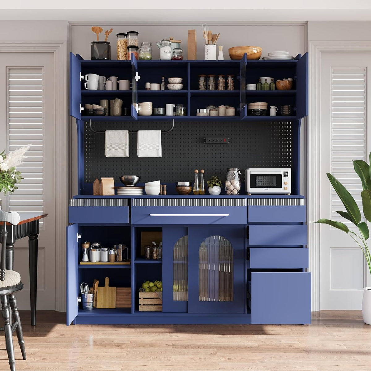 Merax Freestanding 63" W Buffet with Hutch, Large Coffee Bar Storage Cabinet with 6 Drawers, 5 Cabinets with Adjustable Shelves, Pegboard, Towel Rack, Blue