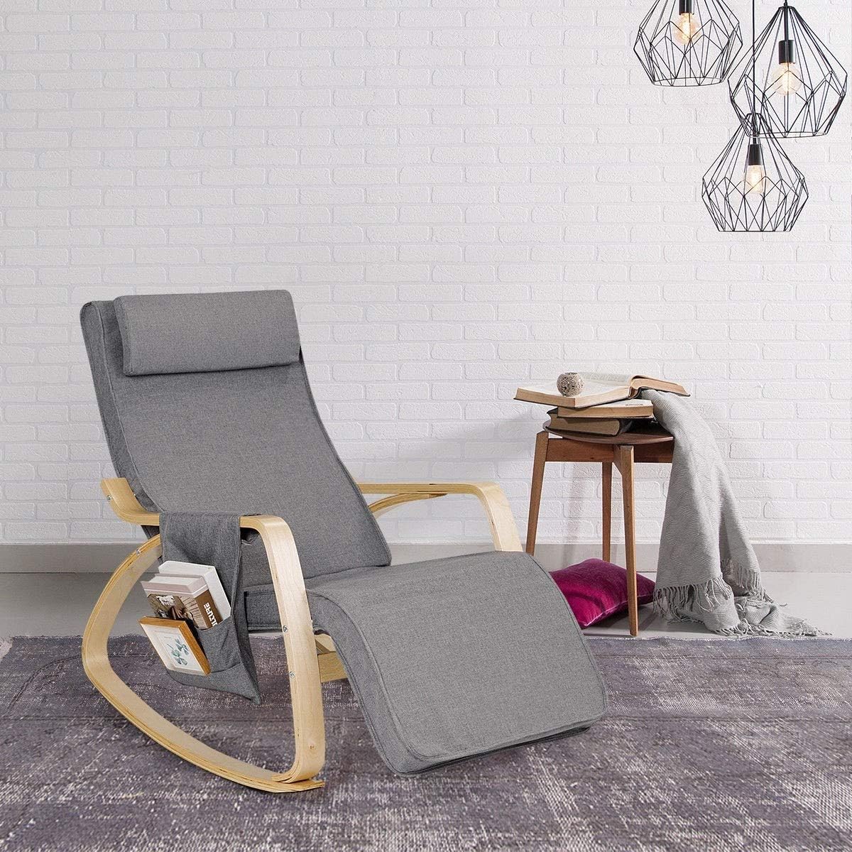 Relax Adjustable Lounge Rocking Chair with Pillow & Pocket Comfortable Armrest Backrest Adjustable Footrest