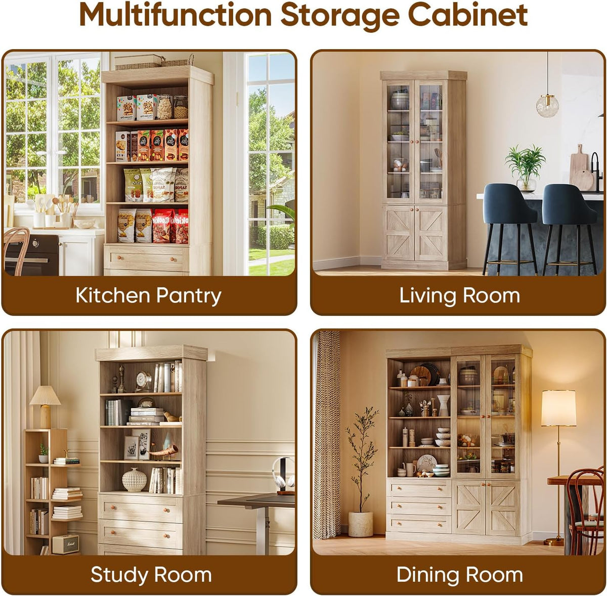 ivaniti 71" Tall Farmhouse Kitchen Pantry, Rustic Brown Wood Storage Cabinet with Glass Doors and Adjustable Shelves, Versatile Hutch for Dining Room, Living Room, Set of 2