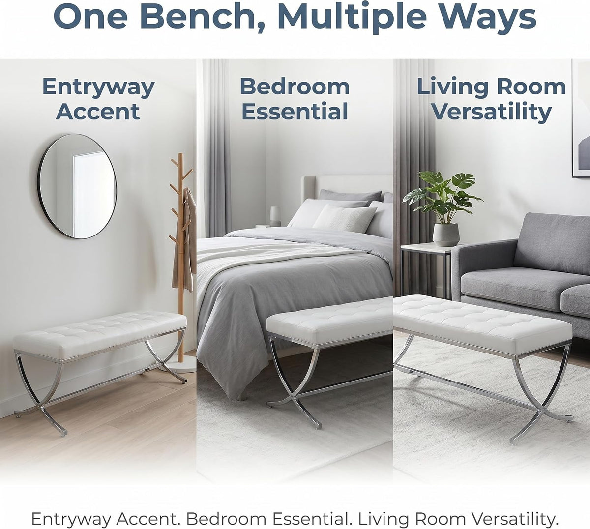 DUOMAY Modern Tufted Ottoman Bench, 45.75" W x 16.5" D x 19.25" H, White | PU Leather Upholstered, Button Tufted, Footrest Stool Vanity Seat, X Metal Legs