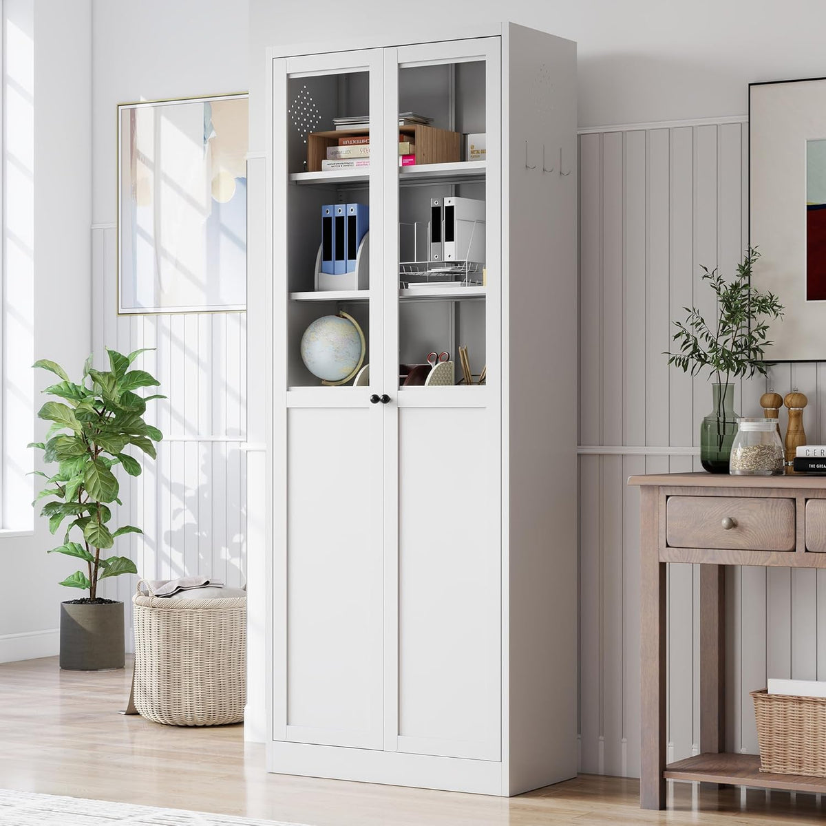 Kitchen Pantry Cabinet, 72" H Storage Cabinet with Glass Doors and Adjustable Shelves, Metal Bathroom Cabinets, Utility Cabinets for Kitchen, Living Room Assembly Required, White