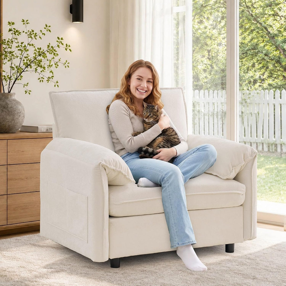 Korser Oversized Accent Chair, 39.3" Wide Arm Chairs for Living Room & Bedroom, Modern Lounge Chair, Upholstered Mid-Century Reading Chair, Comfy Living Room Chair, Single Sofa Chair, Chenille, Beige