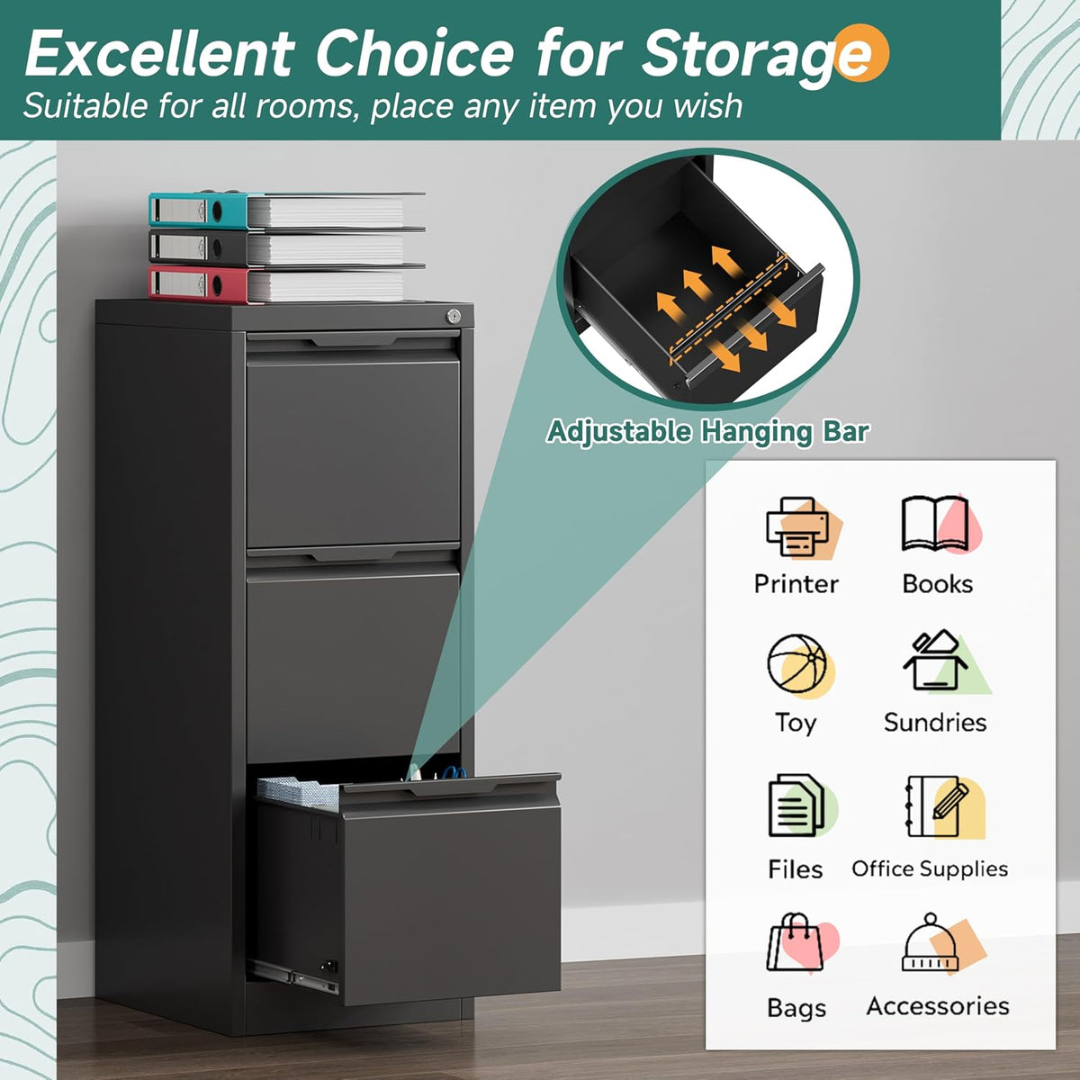 3 Drawer Metal Vertical File Cabinet with Lock for Home Office | 17.8"D x 15"W x 38.4"H,Small Under Desk Cabinet,Adjustable Hanging Bar,Fits 4A/Legal/Letter Size File,Easy Assembly,Black