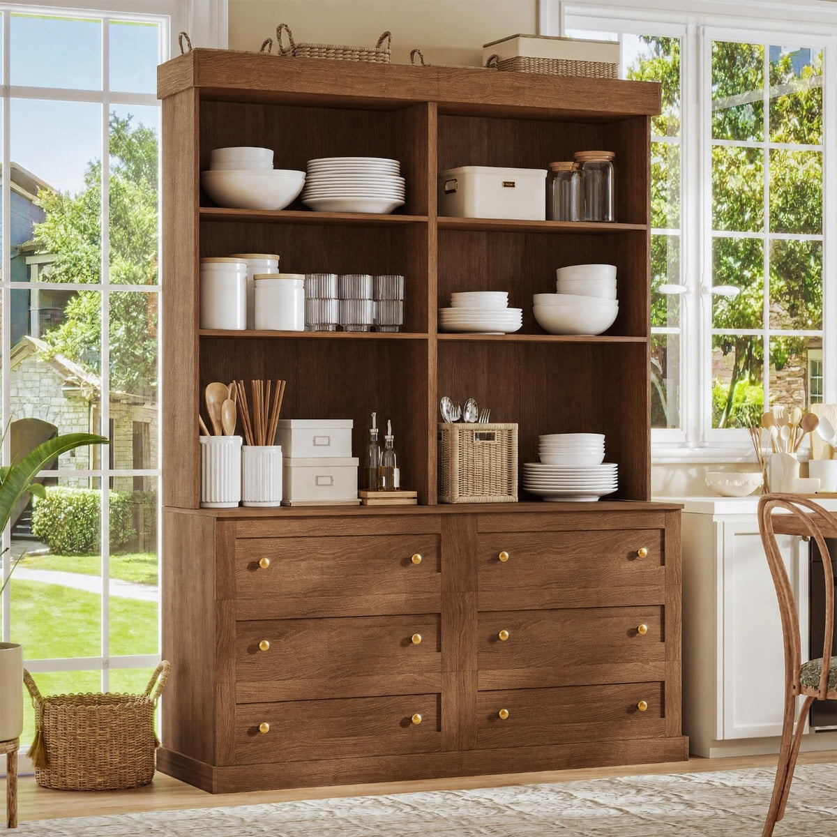 71" Farmhouse Kitchen Pantry Cabinet with Drawers, Set of 2 – Dark Brown Freestanding Coffee Bar Hutch with Adjustable Shelves, Large Storage Cabinet with Microwave Stand for Living Room & Kitchen
