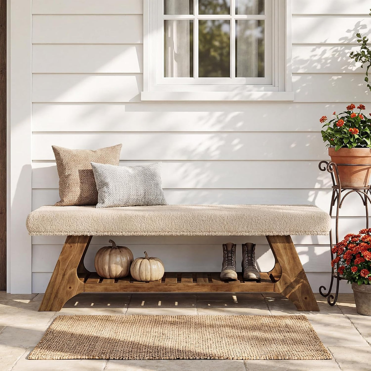 Tribesigns 55" Solid Wood Bench with Cushion and Shoe Storage, 2-Tier Upholstered Entryway Bench Farmhouse Entry Way Bench for Bedroom, Hallway, Natural Wood