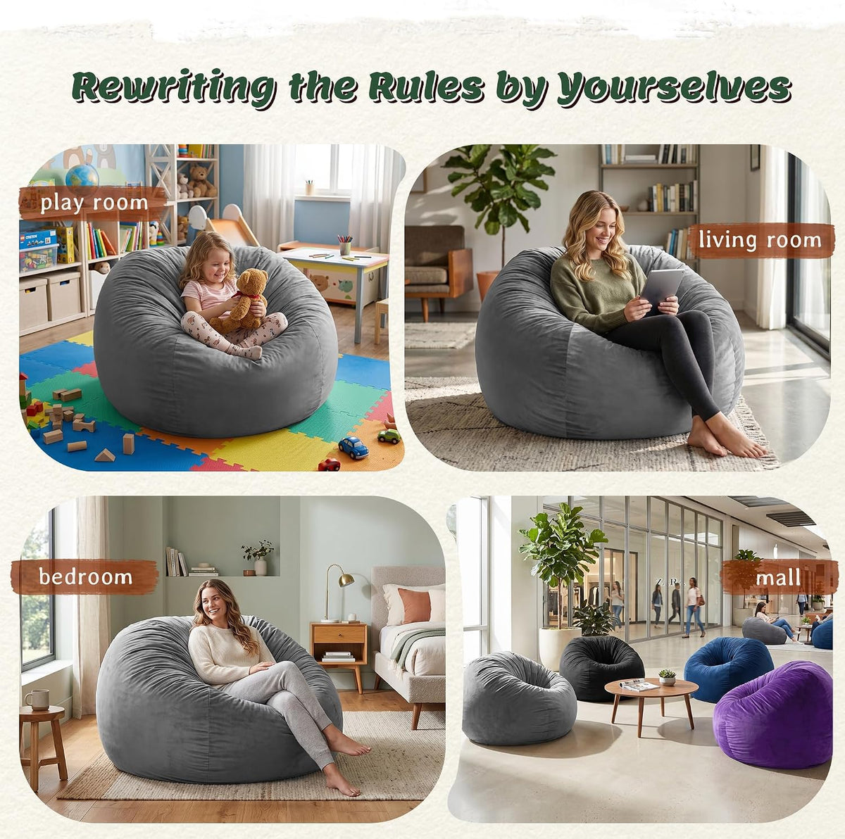 ZurNesfure Bean Bag Chairs for Adults 3FT with Memory Foam Grey, Medium | Giant Bean Bag Chair, Lazy Sofa with Machine Washable Cover, Lightweight, Beanbag for Living Room Bedroom Dorm