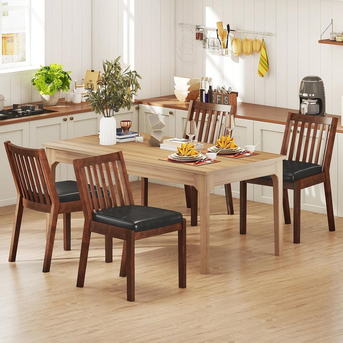 Giantex Wooden Dining Chairs Set of 2, PU Leather Upholstered Kitchen Chairs w/Rubber Wood Frame, Padded Seat, Slatted Backrest, Farmhouse Dining Side Chairs for Dining Room, Living Room