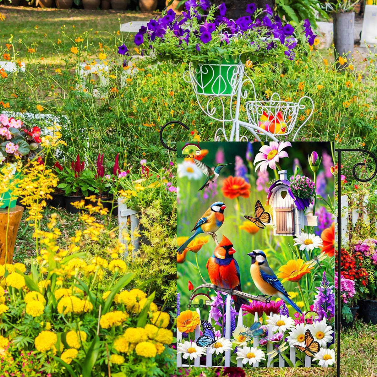 Spring Summer Humming bird garden Flag Birds Floral Garden Flags 12x18 Double Sided, small Yard Flags for Outside Decoration