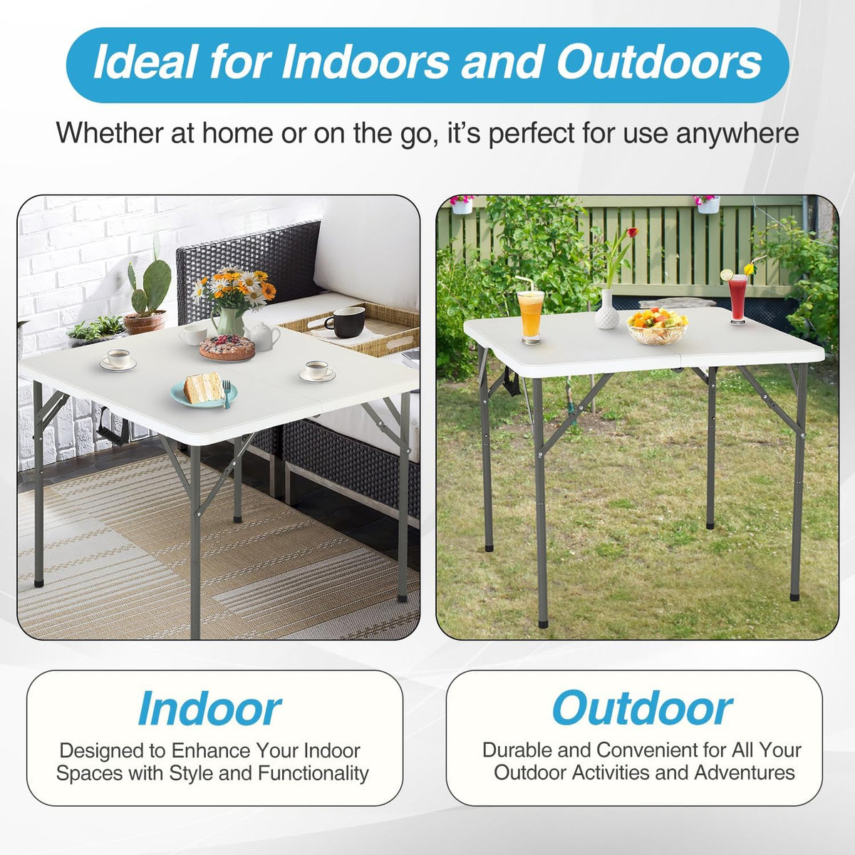 FDW | 34" Folding Table | White | Portable Plastic Table | with Carry Handle | Waterproof & Foldable Table Design | Steel Frame with Lock | for Events, Camping, Indoor & Outdoor Use