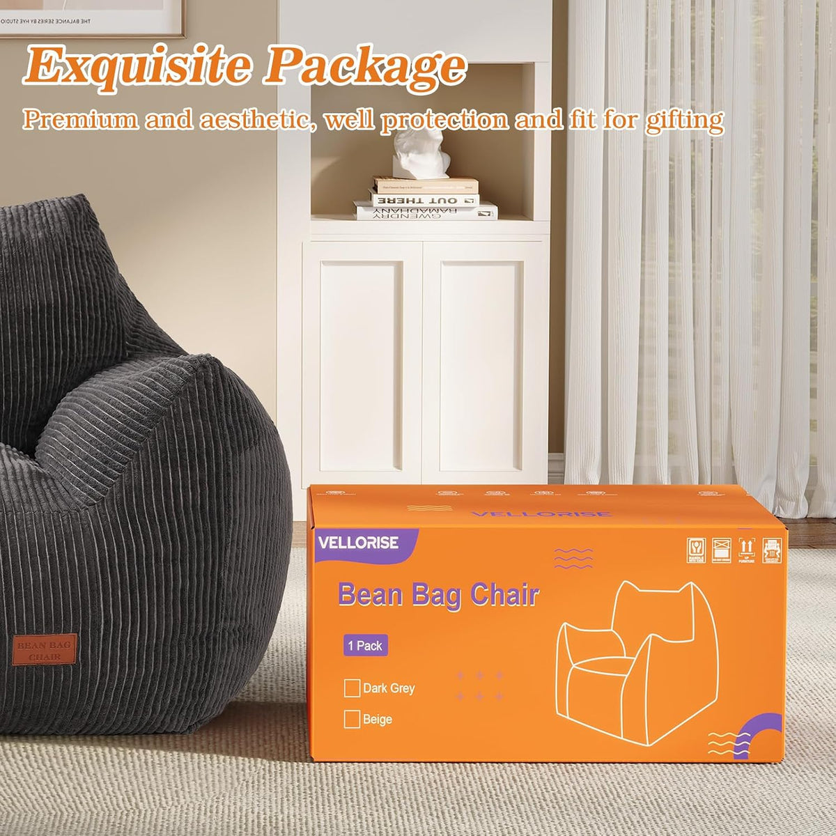 Big Bean Bag Chair for Adults, Ultra Soft BeanBag for Living Room | Stuffed BeanBag Chair with Armrests for Napping, Gaming, Vacuum-Compressed for Easy Gifting, 48 Hours to Fluffs Up, Dark Gray
