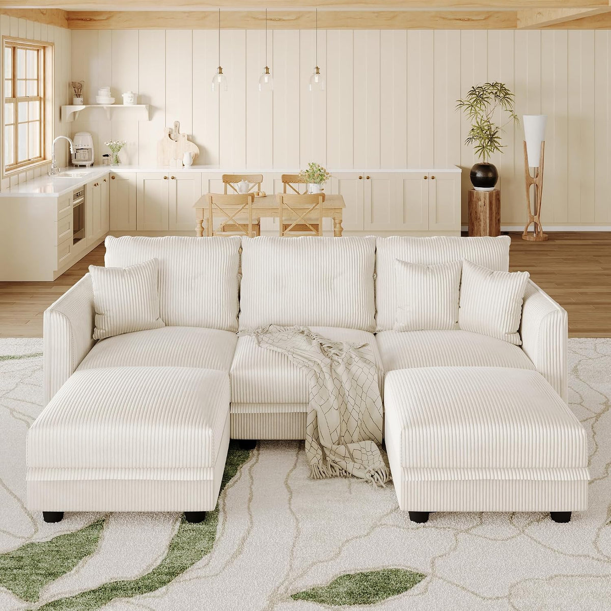 LLappuil Sectional Sofa Modular Cloud Couch with 5 Storage Seats & 3 Throw Pillows, Corduroy U Shaped Couches for Small Space, Rearrangable Apartment Sofas, Scratch Resistant, Beige