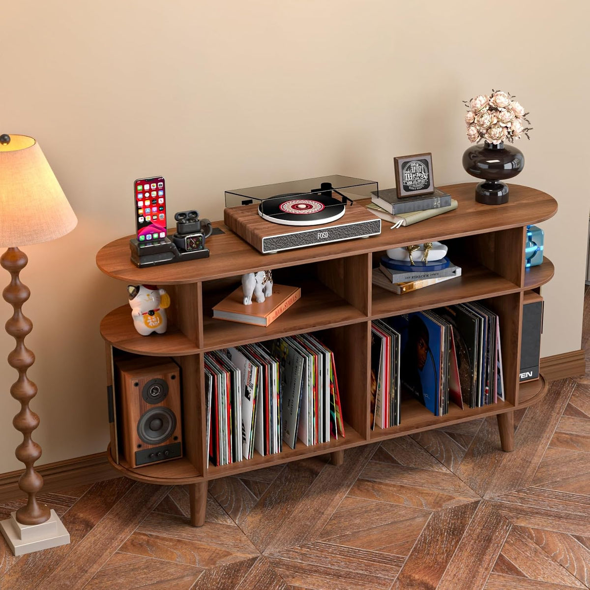 LUVIOHOME Large Round Record Player Stand with Charging Station & USB Ports | Record Storage Cabinet, Mid Century Modern Turntable Stand for Bedroom Living Room