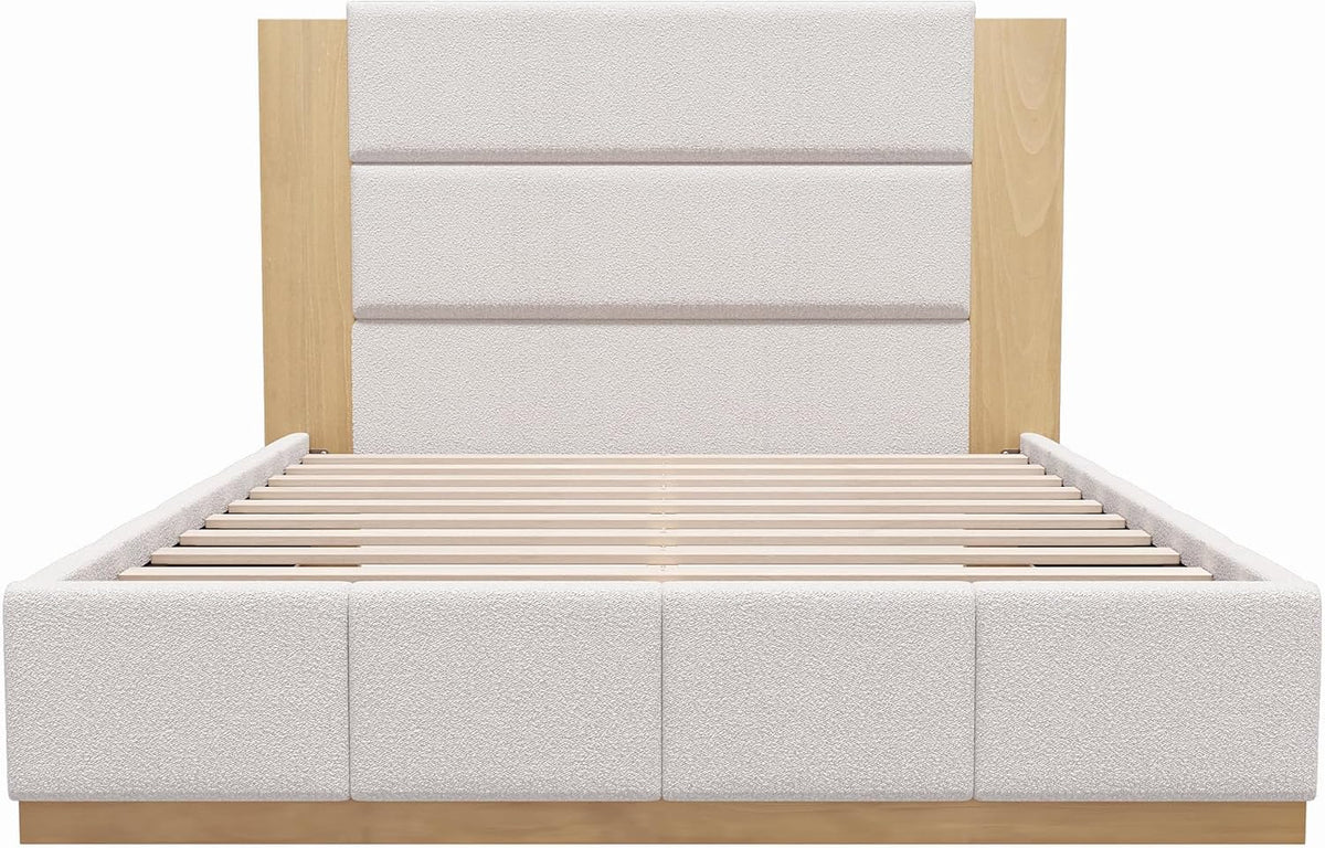 GDFStudio Queen Size Upholstered Platform Bed Frame with Extended Wood Headboard, 49'' Tall High Headboard Modern Bed Frame, Wood Plinth Base, No Box Spring Needed, Easy Assembly, White Boucle
