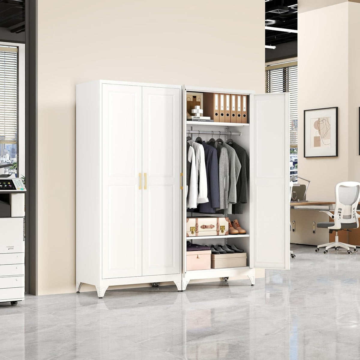SteeLoong Metal Wardrobe Cabinet with Hanging Rod, 71" Tall Armoire Wardrobe Closet with 2 Doors and Adjustable Shelves, White Clothing Storage Cabinets for Bedroom, Laundry Room, Cloak Room