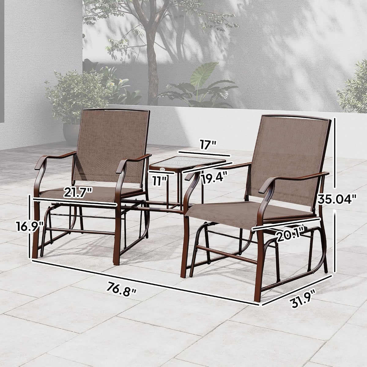 Outsunny Outdoor Glider Chair with Table 2-Seat Patio Loveseat Coffee Brown | Rocking Chair Swing Love Seat, Breathable Sling, Backyard Garden Porch
