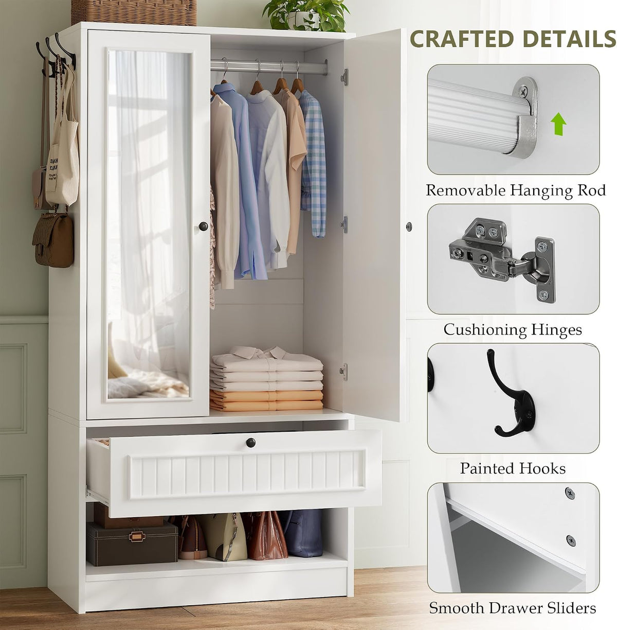 Feonase Armoire Wardrobe Cabinet with Mirror and Drawer, 70" 2-Door Wooden Closet Organizer for Bedroom Storage, White