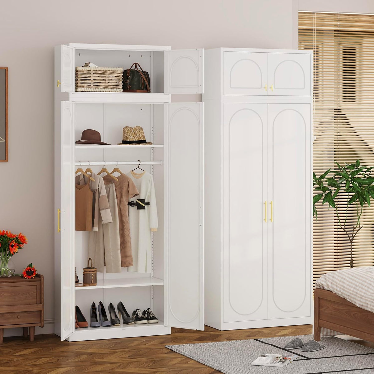 86" Tall Wardrobe Closet with Doors and Adjustable Shelves, White | Metal Armoire Wardrobe Closet, Wardrobe Cabinet with Hanging Rod, White Clothing Storage Cabinets for Bedroom, Home Office