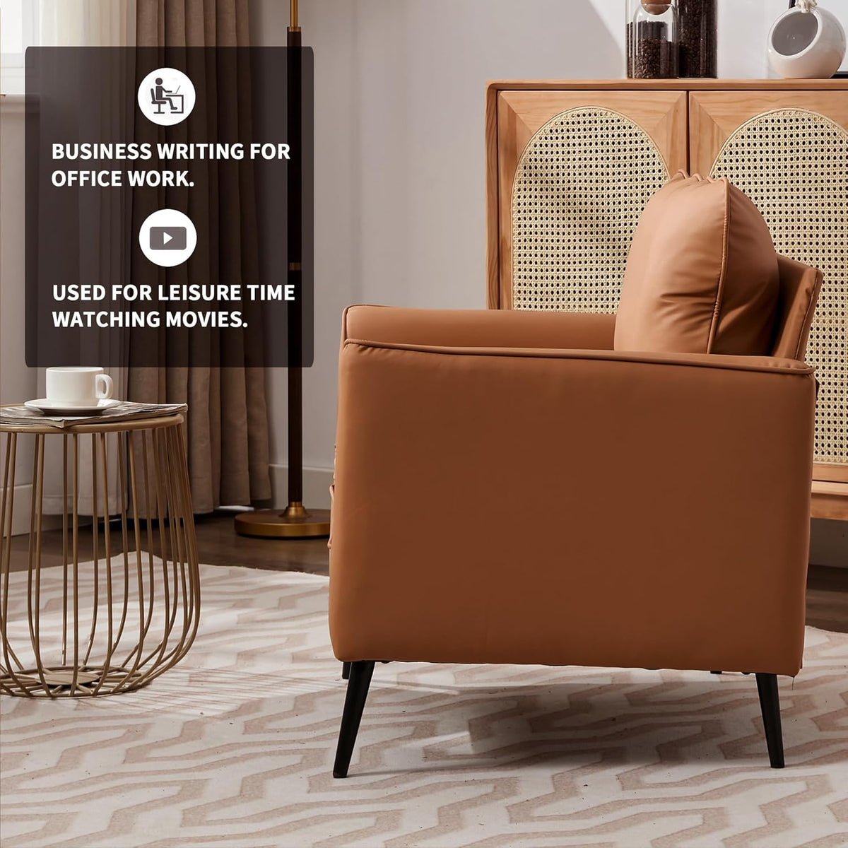 YISHENG Mid-Century Modern Living Room Accent Chairs Set of 2 - Oversized Faux Leather Armchairs with Removable Cushions & Metal Legs, Comfortable Sofas for Office/Lounge/Bedroom/Reception,（Brown）