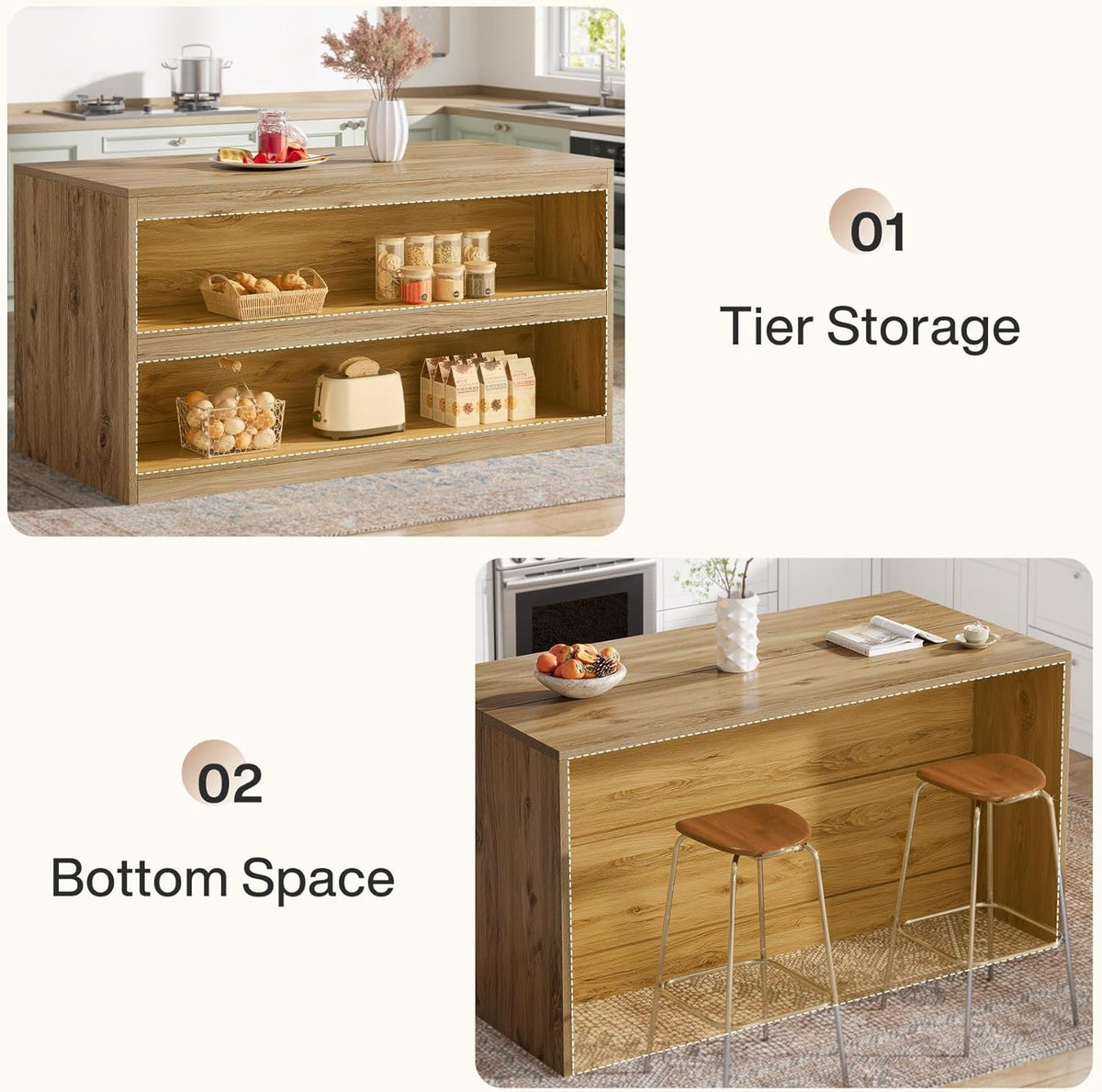 Tribesigns 59-Inch Kitchen Island with Storage, 3-Tier Farmhouse Stationary Island Table with Large Worktop & Seating Area, Rectangular Breakfast Counter for Kitchen, Dining Room, Light Wood
