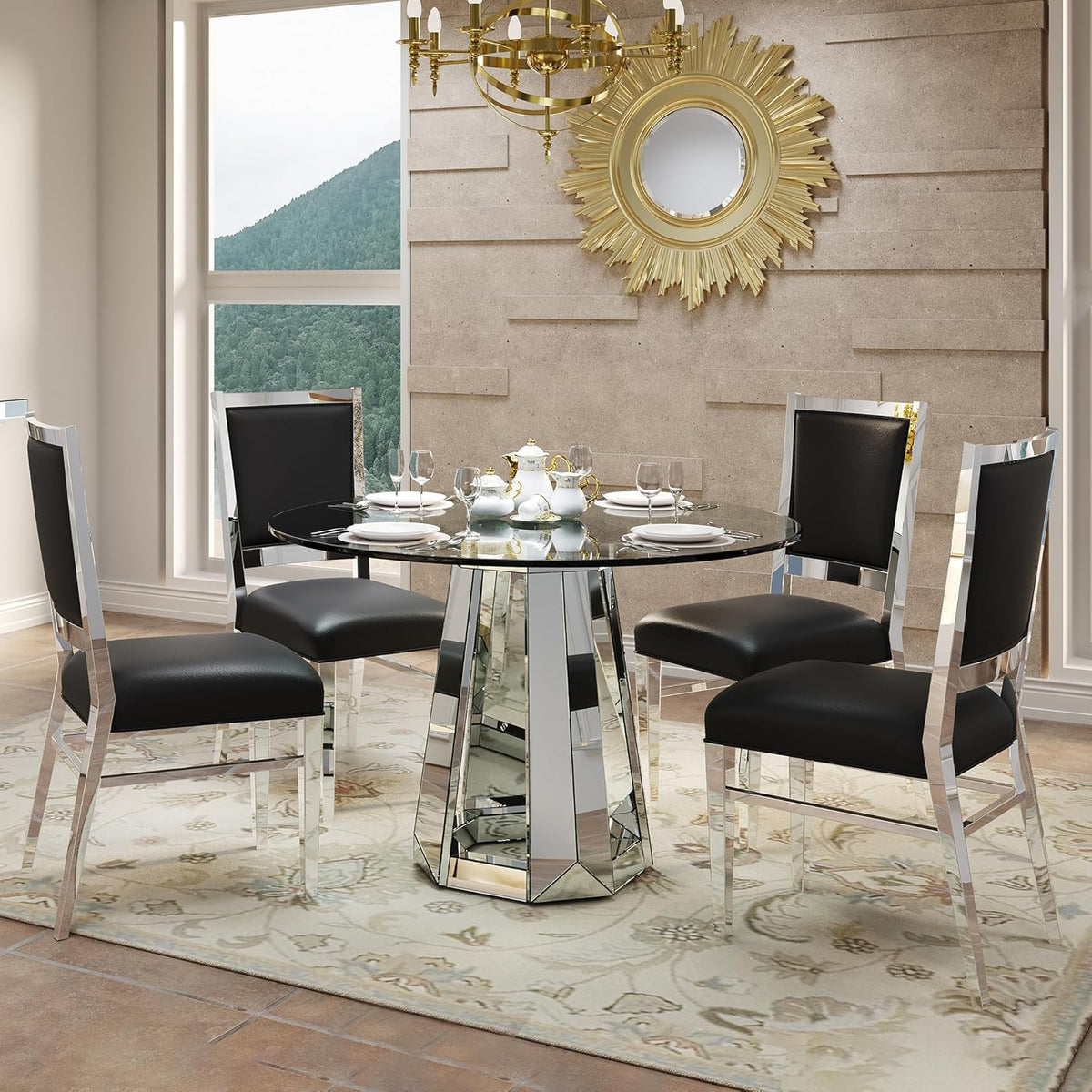 Henf Luxury Round Glass Dining Table for 4-6, Silver 47" Glass Kitchen Table with Mirrored Base, Modern Circle Dining Room Table (Table Only)