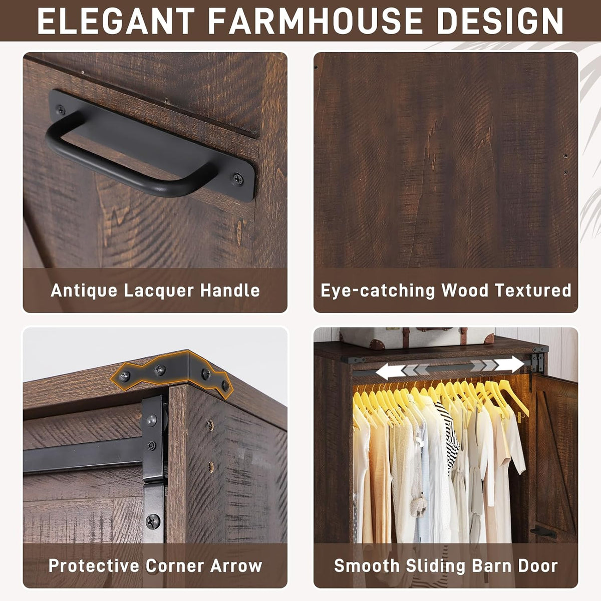 Farmhouse 2 Doors Armoire Wardrobe Closet w/ Folding Sliding Barn Door and Lights, LED Armoire Closet w/Drawers for Bedroom, Freestanding Wooden Wardrobe Storage Closet w/Hanging Rod,Rustic Brown