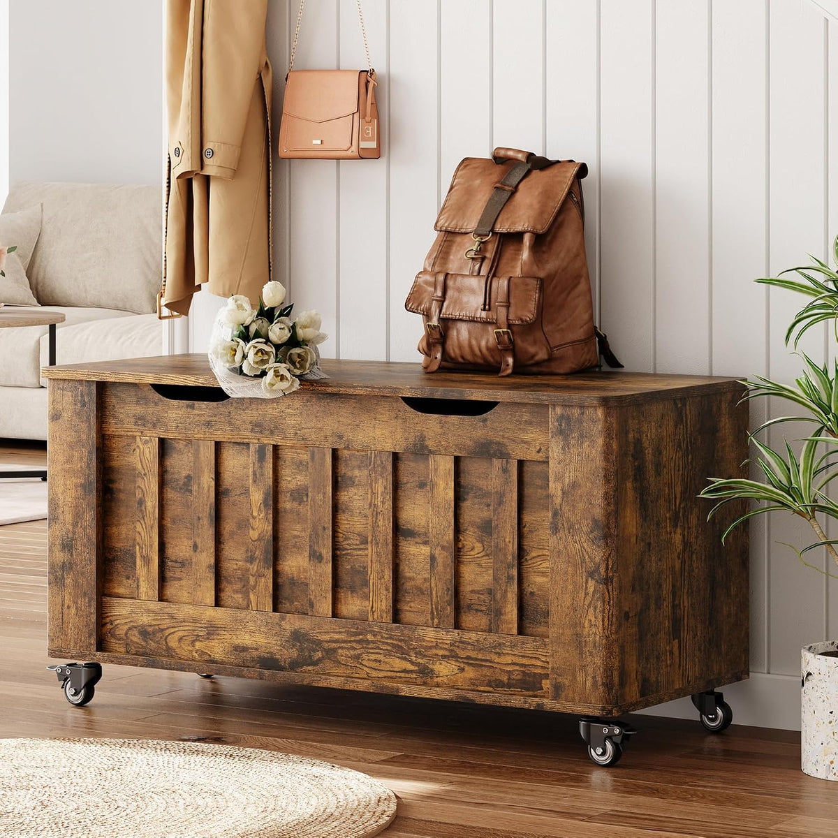IDEALHOUSE Storage Chest, 39.4" Storage Bench Wooden Storage Trunk, Retro | Supports 350 lbs ＆ Safety Hinges, Lift-Top Entryway Bench, Shoe Bench for Entryway, Bedroom, Living Room, Modern Style